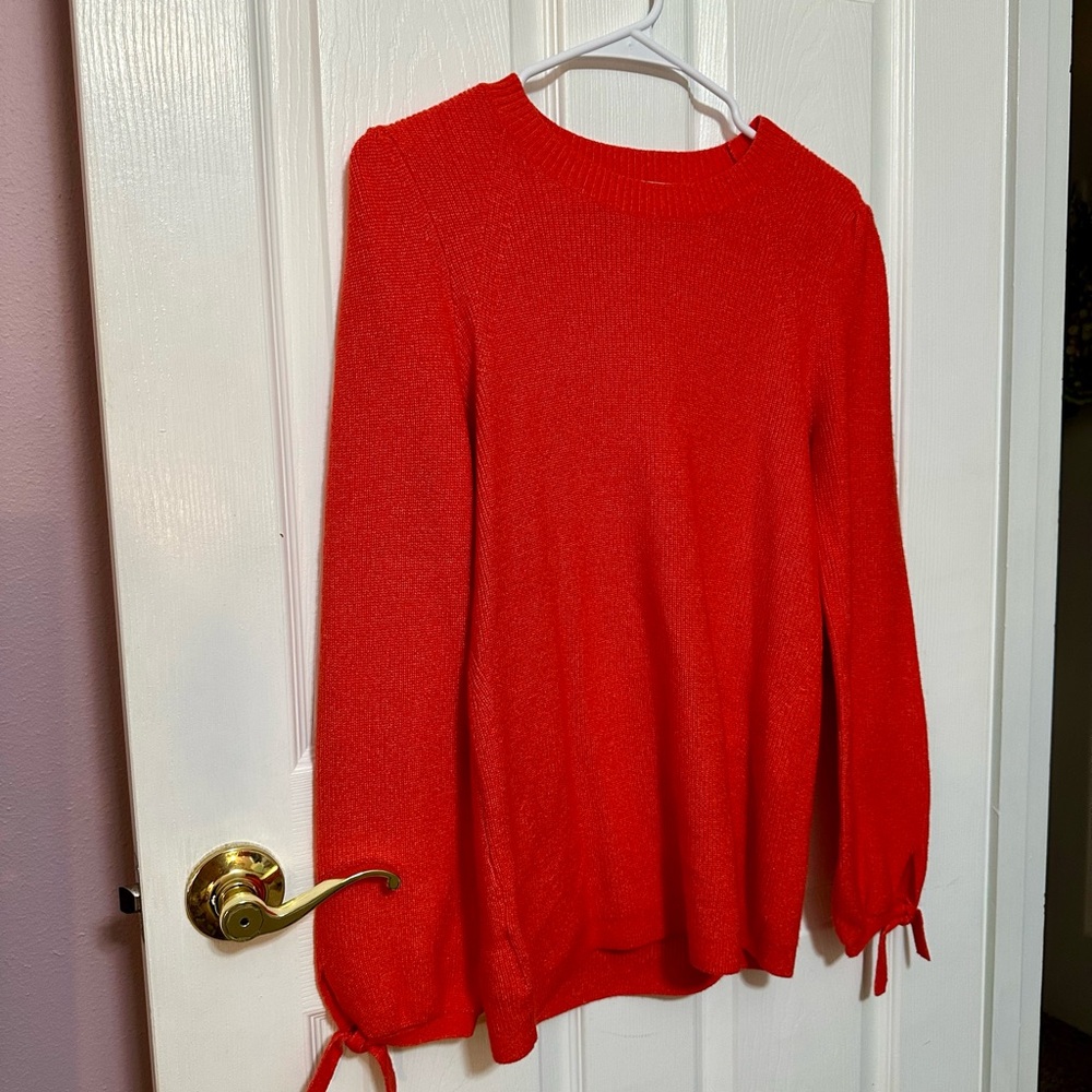 LOFT Size Medium Orange Red Crewneck Sweater With Cute Ties at Wrist - Picture 2 of 4